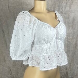 Cottagecore Peplum Blouse L Eyelet Puff Sleeve Top Beach Fairy Festival Romantic